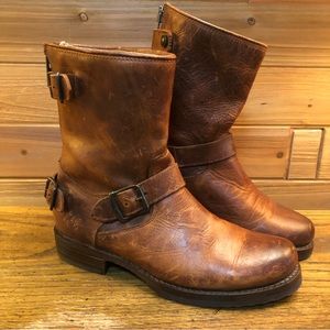 Frye Leather brown distressed mid zip boots